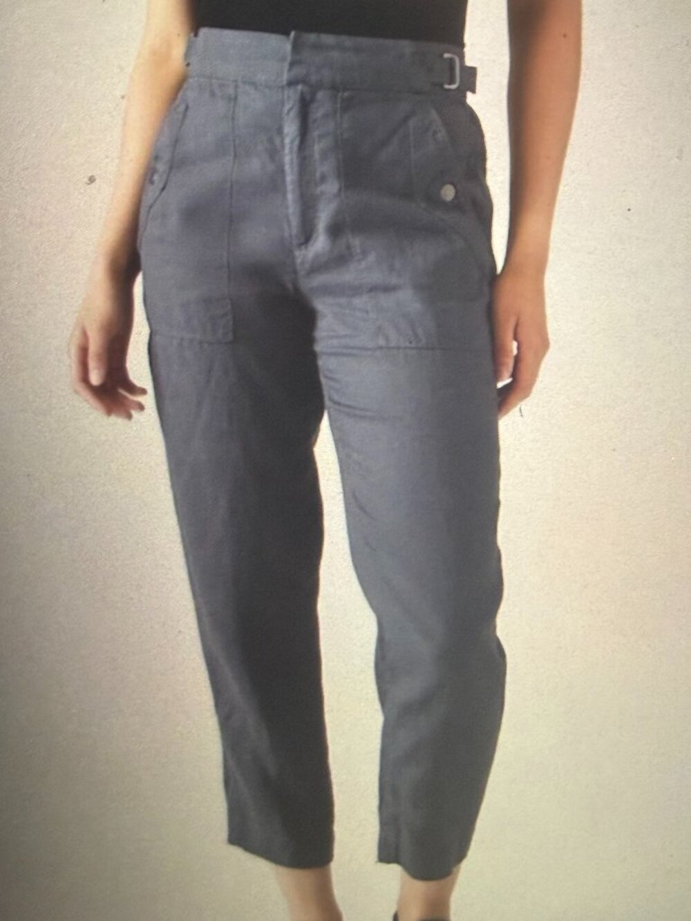 Athleta Voyager Linen Crop Pants Granite Blue Adjustable Waist Size 12